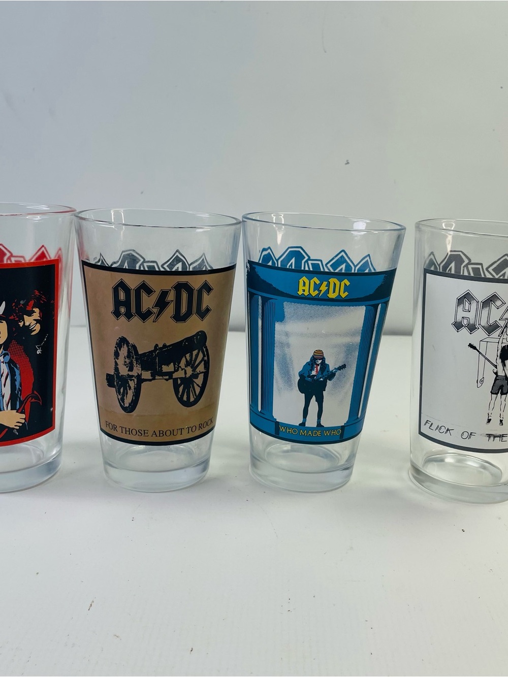 AC/DC Glass Tumbler Set with Red, Tan, Blue, White Graphics